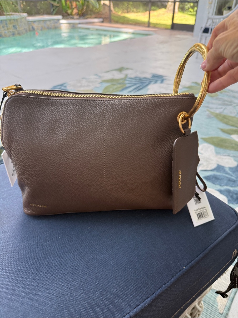 Pebbled Leather Wristlet Clutch with Gold Ring Handle - Taupe
